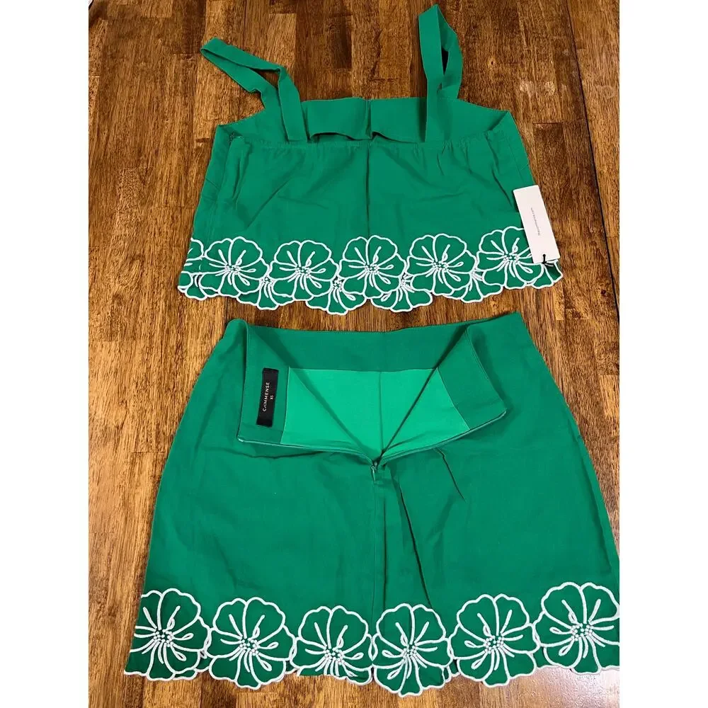 Commense XS Cotton Floral Embroidered Crop Top Mini Skirt Two Piece Set Green